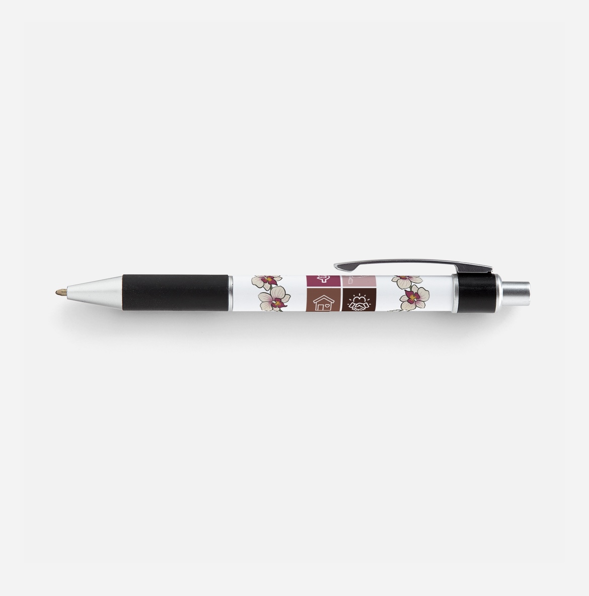 White PMPYG pen printed with orchids and the four-pillar icon grid