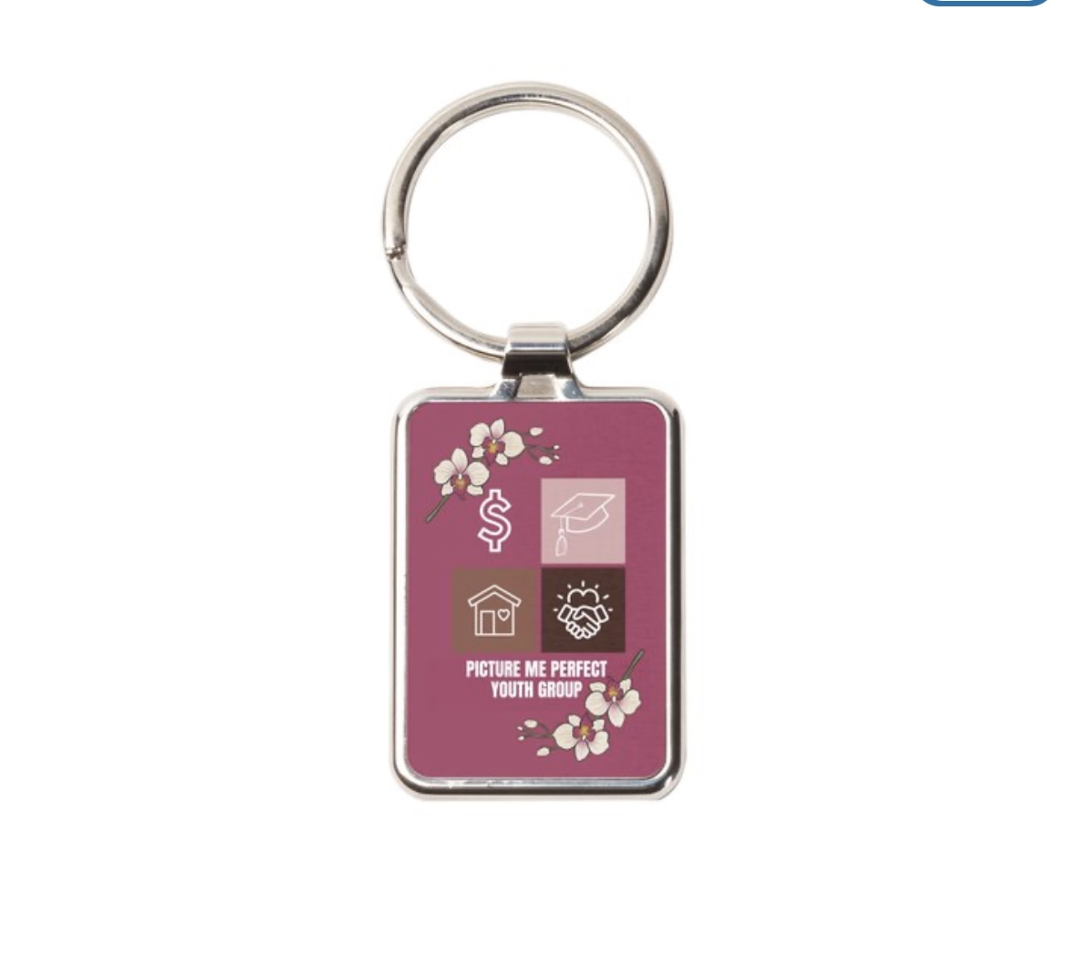 Berry PMPYG keychain with white orchids and the four-pillar icon grid