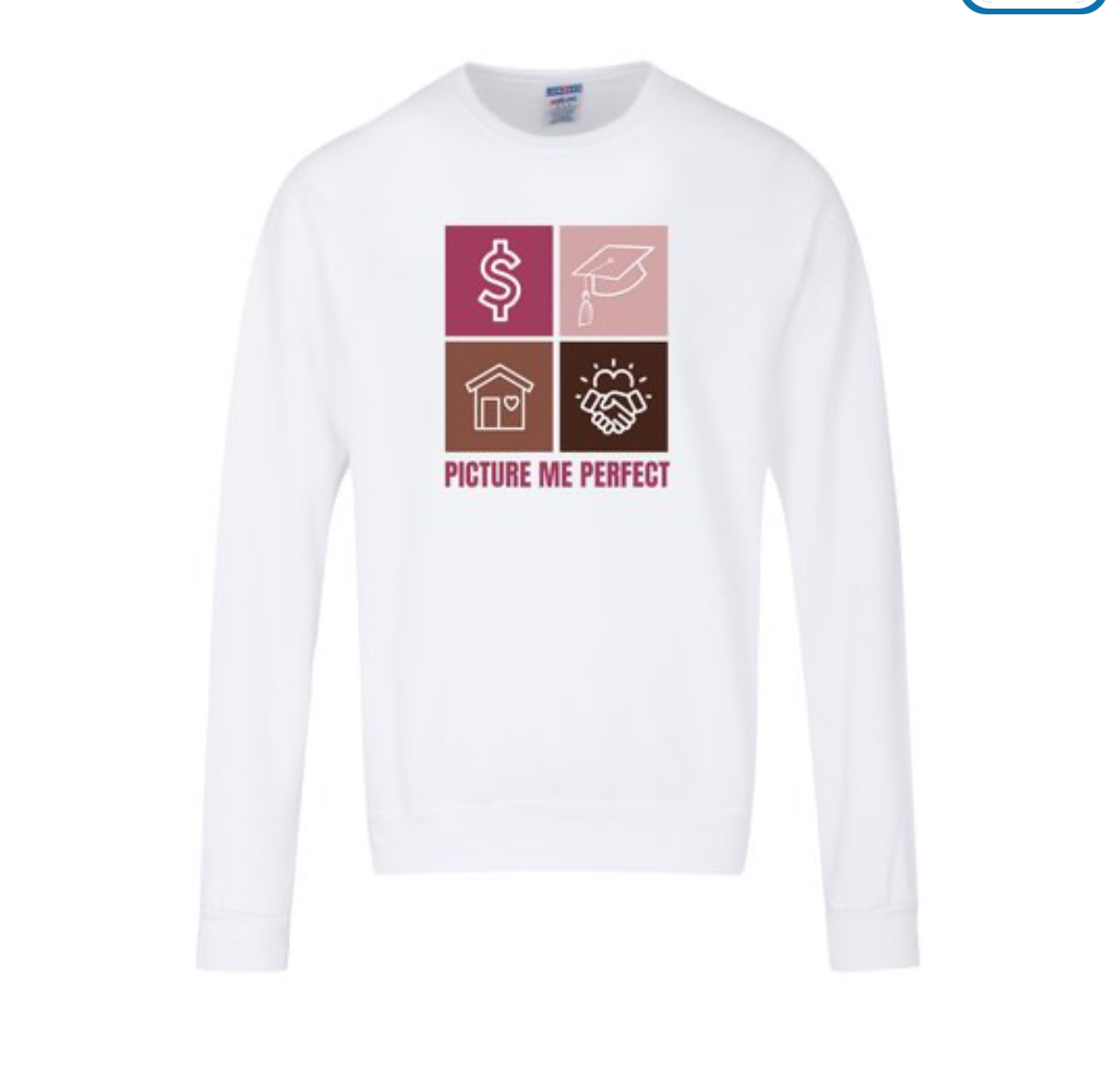 White PMPYG crewneck sweatshirt printed with the berry, rose, tan and brown four-pillar icon grid
