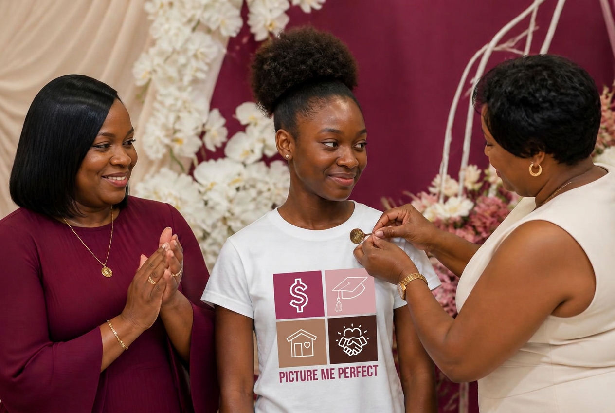 A teen in a white PMPYG t-shirt receiving her certificate and badge pin while her mom applauds