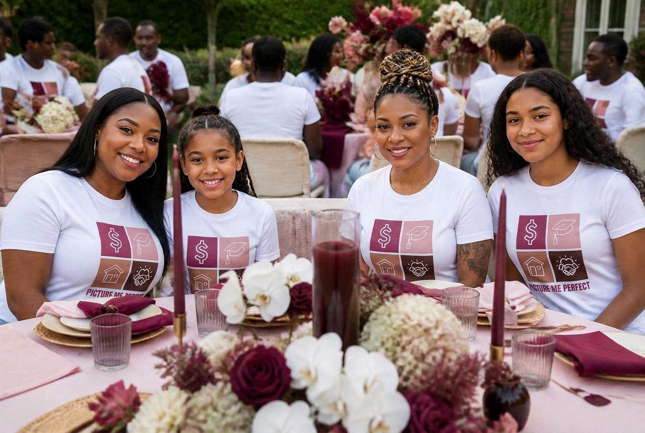 Moms and daughters in white PMPYG t-shirts beside the orchid banner at a family gathering