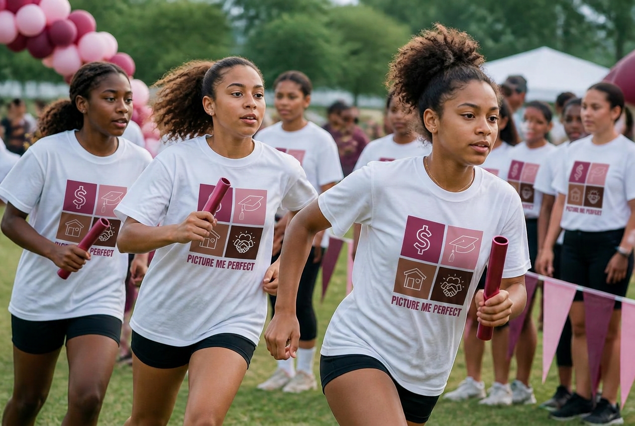 Teen girls in white PMPYG t-shirts racing at a PMPYG field day while moms cheer